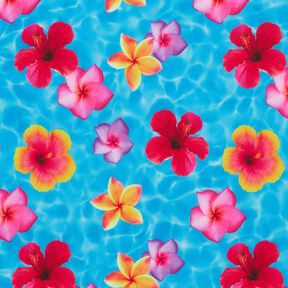 Badpakstof Hawaïbloemen – blauw/intens roze, 