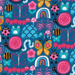 Katoenen stof Cretonne Vlinders en bijen – oceaanblauw/intens roze, 