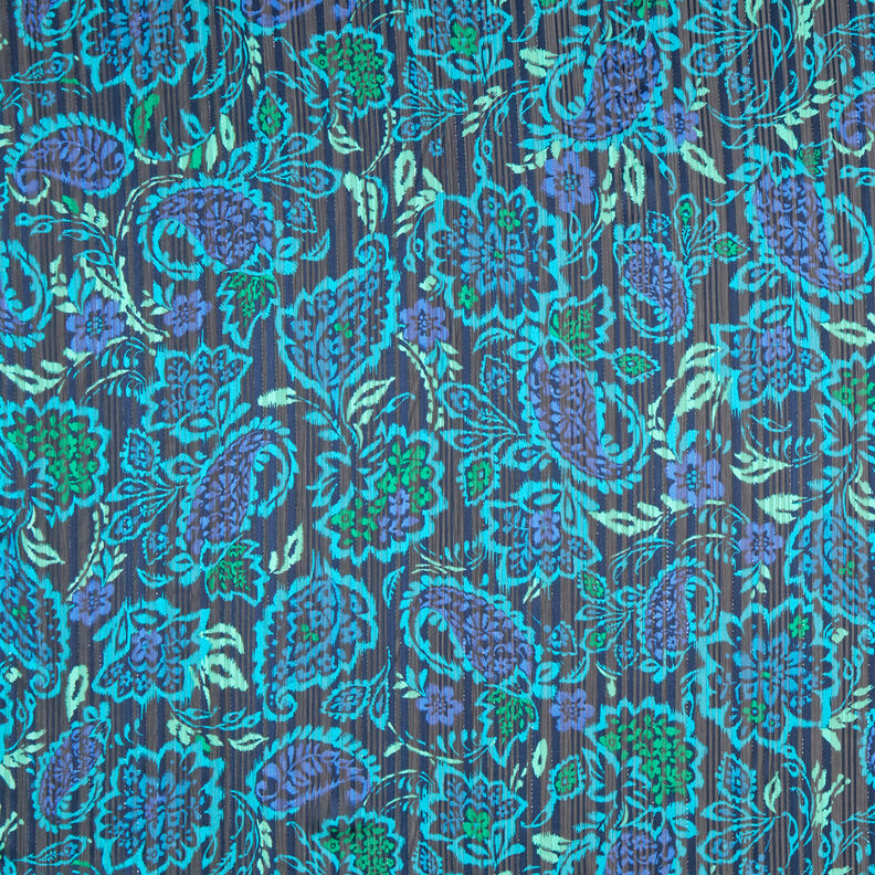 Chiffon satijn glitterstrepen paisley bloemen – turkoois/zwart,  image number 1