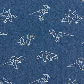 Jeansstof stretch Origami dinosaurussen – jeansblauw, 
