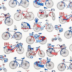 Katoenen stof Cretonne Retro fietsen – wit/blauw, 