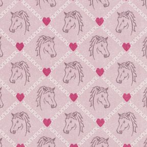 Katoenen stof Cretonne Paarden en harten roze – roze, 