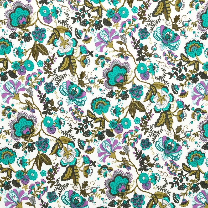 Katoenpopeline Paisley bloemen – ivoor/smaragdgroen,  image number 1