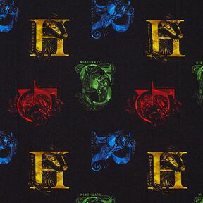 Katoenjersey Licentiestof Harry Potter, initialen en heraldische dieren | Warner Bros. – zwart, 